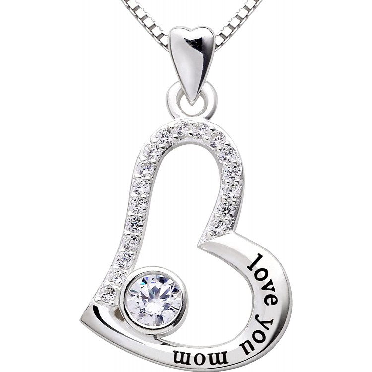 ALOV Jewelry Sterling Silver Love You mom Love Heart Cubic Zirconia Mother Pendant Necklace