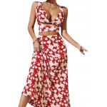 Women's 2-Piece Bohemian Floral lace up Shoulder Crop top and Pleated Long Skirt Set