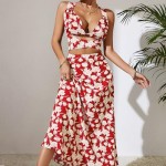 Women's 2-Piece Bohemian Floral lace up Shoulder Crop top and Pleated Long Skirt Set