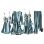 PENGHAO Pajamas Ladies 5PCS Pajamas Set, lace Patchwork Pajamas and Nightgown Set, Lingerie Sexy Sling top and Shorts Silk Homewear,5pcs Green,M