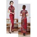 HangErFeng Cheongsam Dresses Silk Printed Oblique Placket Mock Neck Short Sleeve Wedding Party Qipao H3231