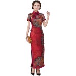 HangErFeng Cheongsam Dresses Silk Printed Oblique Placket Mock Neck Short Sleeve Wedding Party Qipao H3231