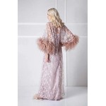 BathGown Feather Robe Lingerie for Women Lace Kimono Robe Long Lace Dress Sheer Gown Mesh Chemise