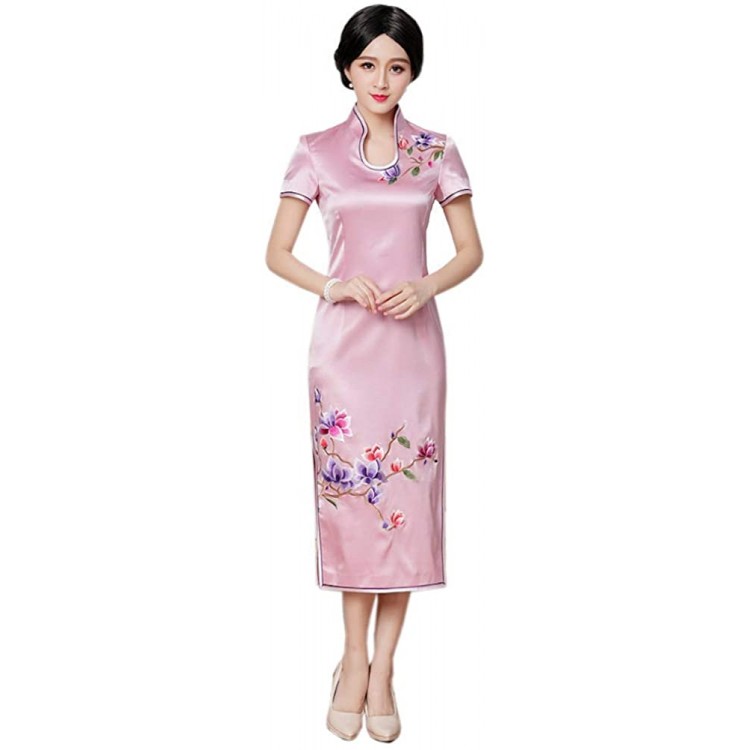 HangErFeng Qipao Women Silk Chinese Traditional Embroidered Improving Cheongsam