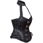 FASGION Black Leather Halter Steampunk Overbust Corset Rivet Punk Bustier Waist Slimming Gothic Clothing Sexy Lingerie (Color : Black, Size : S)