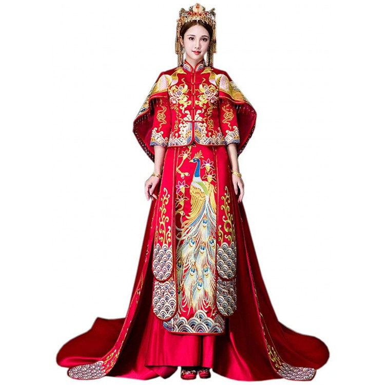 HangErFeng Wedding Dresses Peony Peacock Embroidered Bride Cheongsam Long-Tailed H762M