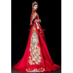 HangErFeng Wedding Dresses Peony Peacock Embroidered Bride Cheongsam Long-Tailed H762M