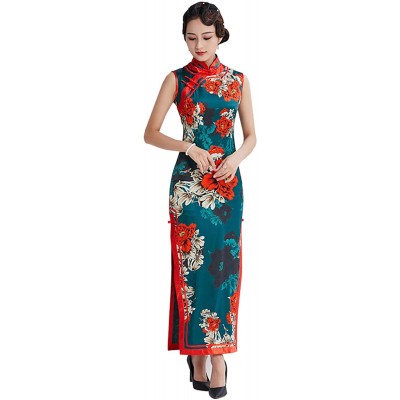 HangErFeng Qipao Silk Chinese Element Pattern Traditional Printing Sleeveless Cheongsam