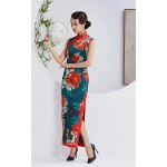 HangErFeng Qipao Silk Chinese Element Pattern Traditional Printing Sleeveless Cheongsam