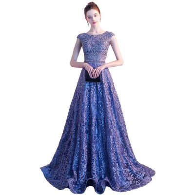 LILANPING Round Neck Evening Dress, Sleeveless Floor Length Dress, Lace Beaded Slimming Party, Wedding (Blue) (Size : M)