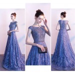 LILANPING Round Neck Evening Dress, Sleeveless Floor Length Dress, Lace Beaded Slimming Party, Wedding (Blue) (Size : M)