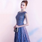 LILANPING Round Neck Evening Dress, Sleeveless Floor Length Dress, Lace Beaded Slimming Party, Wedding (Blue) (Size : M)