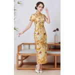 HangErFeng Cheongsam Dresses Silk Printed Oblique Placket Mock Neck Short Sleeve Golden Qipao H3237