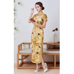 HangErFeng Cheongsam Dresses Silk Printed Oblique Placket Mock Neck Short Sleeve Golden Qipao H3237