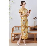 HangErFeng Cheongsam Dresses Silk Printed Oblique Placket Mock Neck Short Sleeve Golden Qipao H3237