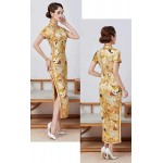 HangErFeng Cheongsam Dresses Silk Printed Oblique Placket Mock Neck Short Sleeve Golden Qipao H3237