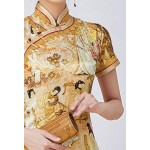 HangErFeng Cheongsam Dresses Silk Printed Oblique Placket Mock Neck Short Sleeve Golden Qipao H3237