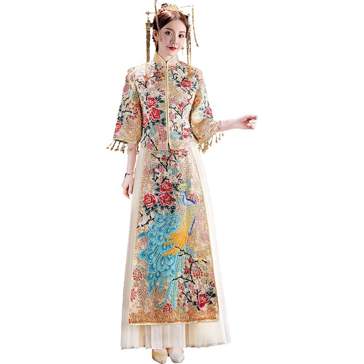 HangErFeng Dress Chinese Wedding Bride Embroideries Peacock Cheongsam Classical Tassel