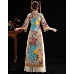 HangErFeng Dress Chinese Wedding Bride Embroideries Peacock Cheongsam Classical Tassel