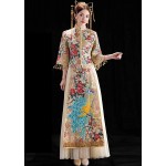 HangErFeng Dress Chinese Wedding Bride Embroideries Peacock Cheongsam Classical Tassel