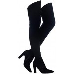 Shoe'N Tale Women Stretch Suede Chunky Heel Thigh High Over The Knee Boots