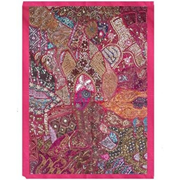 Rastogi Handicrafts Wall Hanging Vintage Cotton Embroidered Patchwork Tapestry Indian Handmade Decor wall hanging (PINK)