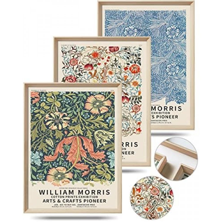 UPWOIGH Framed Wall Art,30x40CM William Morris Wood Canvas Wall Art,Cotton Pattern Vintage Poster Wall Decor Aesthetic for Living Room Bedroom, Colorful Plants Flowers Neutral Wall Decor Set of 3 Gift