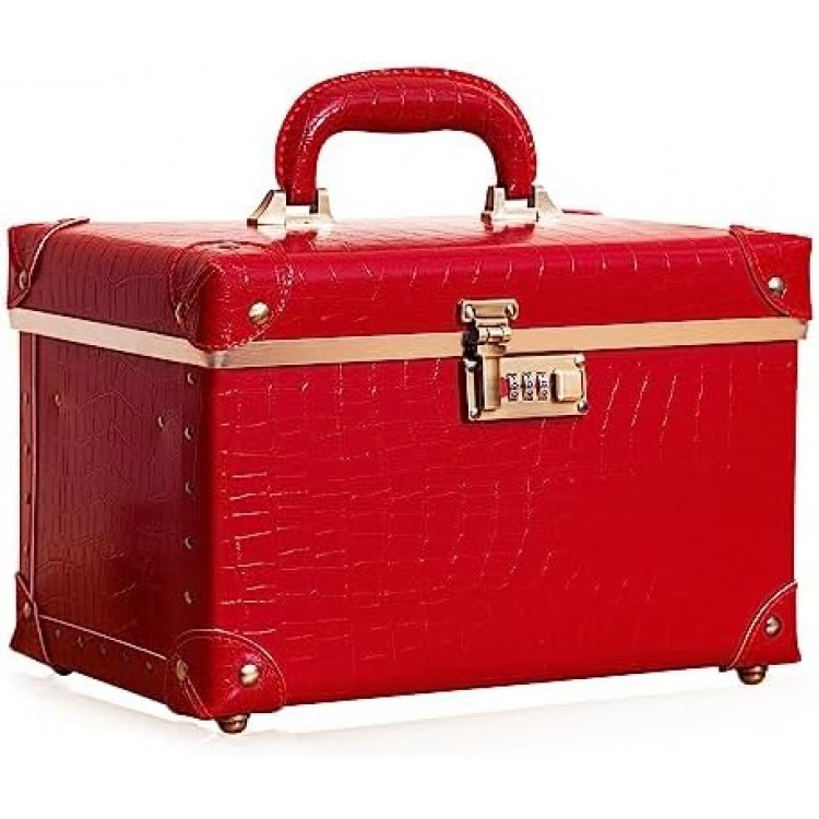 urecity Portable Retro Leather Makeup Train Case Cosmetic Organizer Case Leather Storage Box with Combination Lock (12.5", Red Crocodile)