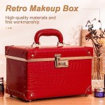 urecity Portable Retro Leather Makeup Train Case Cosmetic Organizer Case Leather Storage Box with Combination Lock (12.5", Red Crocodile)