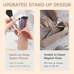 Travel Make-up Brush Holder Organizer Stand-Up Makeup Brush Pouch Silicone Zipper Closure Cosmetic Case Portable and Waterproof Travel Case for Toiletry Makeups Gift (Khaki)