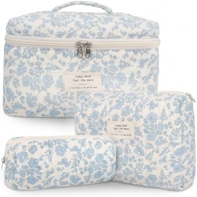 GISMTR 3Pcs Cotton Quilted Makeup Bag Large Travel Cosmetic Bag Coquette Makeup Pouch Cute Aesthetic Floral Toiletry Bag for Women Girls, flower-B, Cute