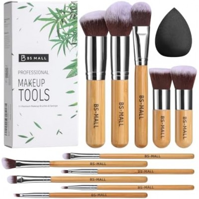 BS-MALL Makeup Brush Set 11Pcs Bamboo Synthetic Kabuki Brush Set Foundation Powder Blending Concealer Eye shadows Blush Cosmetics Brushes with Organizer Bag & Makeup Sponge…