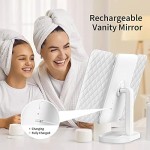 KAPASKI Rechargeable Trifold Makeup Mirror, 3 Colors Dimmable Vanity Mirror with 74 LED Lights, 1X/3X/5X/10X Magnifying Cosmetic Mirror, Cordless Lighted Mirror, 90°&180° Free Rotation(White)