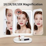 KAPASKI Rechargeable Trifold Makeup Mirror, 3 Colors Dimmable Vanity Mirror with 74 LED Lights, 1X/3X/5X/10X Magnifying Cosmetic Mirror, Cordless Lighted Mirror, 90°&180° Free Rotation(White)