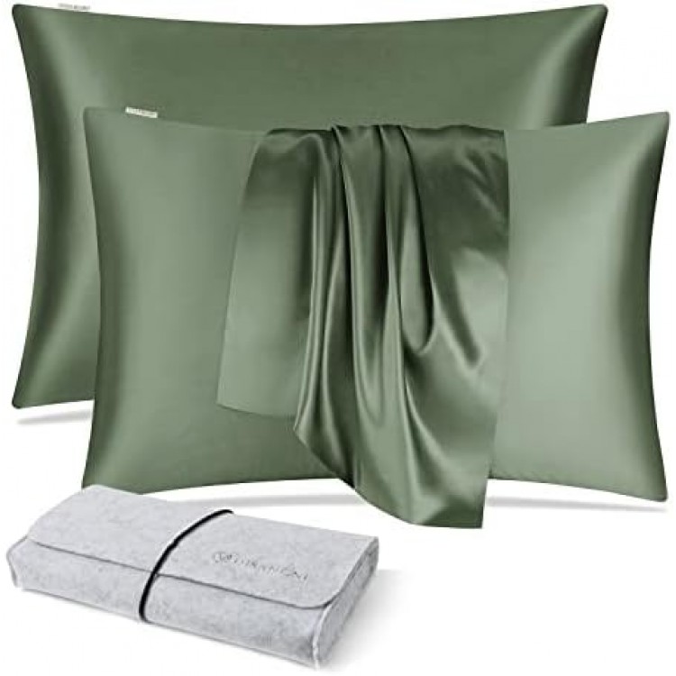 DISANGNI 100% Silk Pillow Cases 2 Packfor Hair and Skin,with Hidden Zipper 22 Momme Both Sides Pure Natural Mulberry Silk Real Silk Pillow Case (2 pc Standard Size 20"x26" Green)