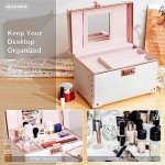 urecity Portable Retro Leather Makeup Train Case Cosmetic Organizer Case Leather Storage Box with Combination Lock (12.5", Rose White)