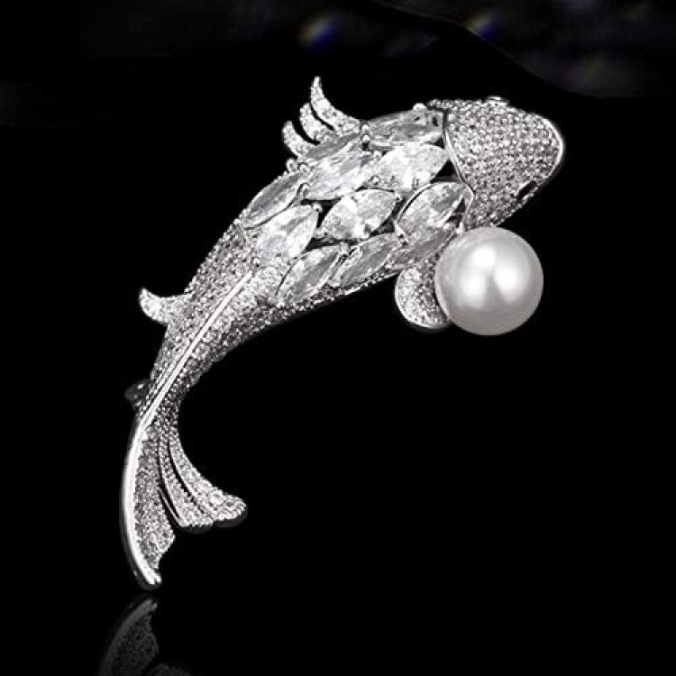 Cute Design Lucky Fish Crystal Brooch Pin Crystal Pearl Brooch Crystal Jewelry Women's Brooches and Pins Elegant Brooch (Color : A)