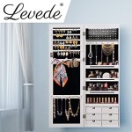 LEVEDE LED Lights Jewelry Cabinet Armoire, Lockable Jewelry Storage Organizer with Full Length Mirror, Wall/Door Mounted Dressing Mirror for Bedroom, Bathroom, Living Room (37 x 9 x 122cm, White)