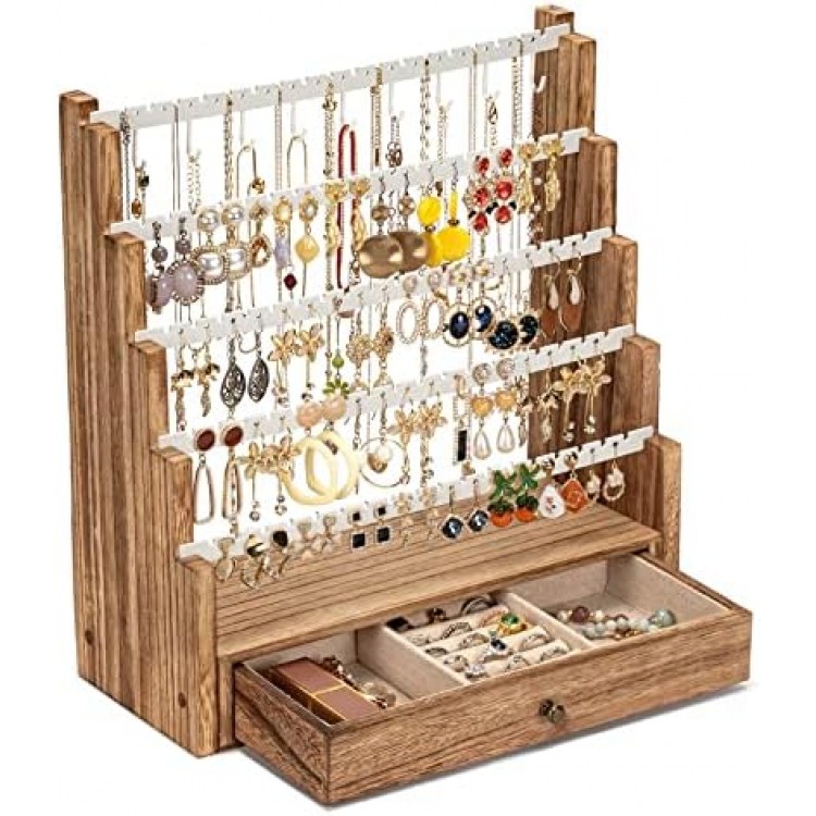 Pinzoveco Earring Organizer, 5 Layer Earring Holder Organizer with Necklace Holder Pole, Rustic Wood Jewelry Organizer Stand Display for Stud Earring Bracelet Necklace Ring, 175 Earring Holes