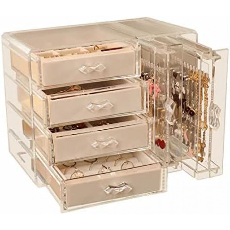 SYAMEET Acrylic Jewellery Organiser Box,4 Velvet Drawers Clear Jewellery Box with Clear Earring Holder Jewelry Hanging Boxes, Earrings Ring Necklace Holder Accessories Storage,Women,Girls