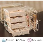 SYAMEET Acrylic Jewellery Organiser Box,4 Velvet Drawers Clear Jewellery Box with Clear Earring Holder Jewelry Hanging Boxes, Earrings Ring Necklace Holder Accessories Storage,Women,Girls