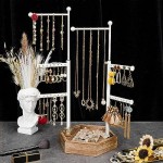 Jewelry Organizer Stand - 6 Tier Jewelry Holder with Adjustable Height Necklace Holder Organizer Display & Storage for Earrings Ring Bracelet (White Pole+Rustic Brown)