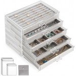 LIAN Acrylic Jewelry Organizer with 3 or 5 Drawers Clear Acrylic Velvet Earring Necklace Ring Jewelry Display Holder Stackable Large Jewelry Case for Women Girls(5 Dawers-Gray-A)