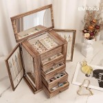 Jewelry Box for Women, 5 Layer Large Wood Boxes & Organizers for Necklaces Earrings Rings Bracelets, Rustic Organizer with Drawers and Mirror(Carbonized Black)