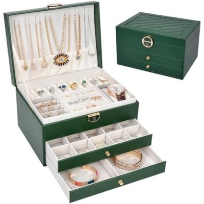 Anshine Jewelry Box, Jewelry Organizer Box For Women Girls Jewelry Display Case And Organzier,3- Layer Varying Compartments Jewelry Box for Necklace Earrings Rings Bracelets (Green)