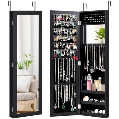 Giantex Wall/Door Mounted Jewelry Cabinet w/Full Length Mirror, Jewelry Armoire w/Storage Shelves, 2 Hanging Hook, Larger Capacity, Over the Door Jewelry Organizer, Black