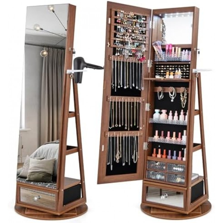 Giantex 360° Swivel Jewelry Cabinet w/Full-Length Mirror, Lockable Jewelry Armoire w/Hair Dryer Rack & Rear Shelves, Freestanding Jewelry Organizer w/LED Lights & Vanity Mirror, Walnut