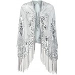 Floral Sequined Beaded Fringe Evening Wrap Scallops Party Bridal Shawl Flapper Mesh Wedding Cover Up 1920S Scarf