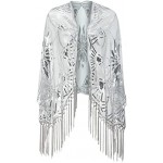 Floral Sequined Beaded Fringe Evening Wrap Scallops Party Bridal Shawl Flapper Mesh Wedding Cover Up 1920S Scarf