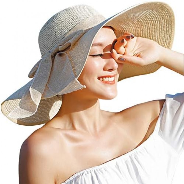 kissun Women Big Bowknot Straw Hat Floppy Foldable Roll up UV Protection Beach Cap Sun Hat